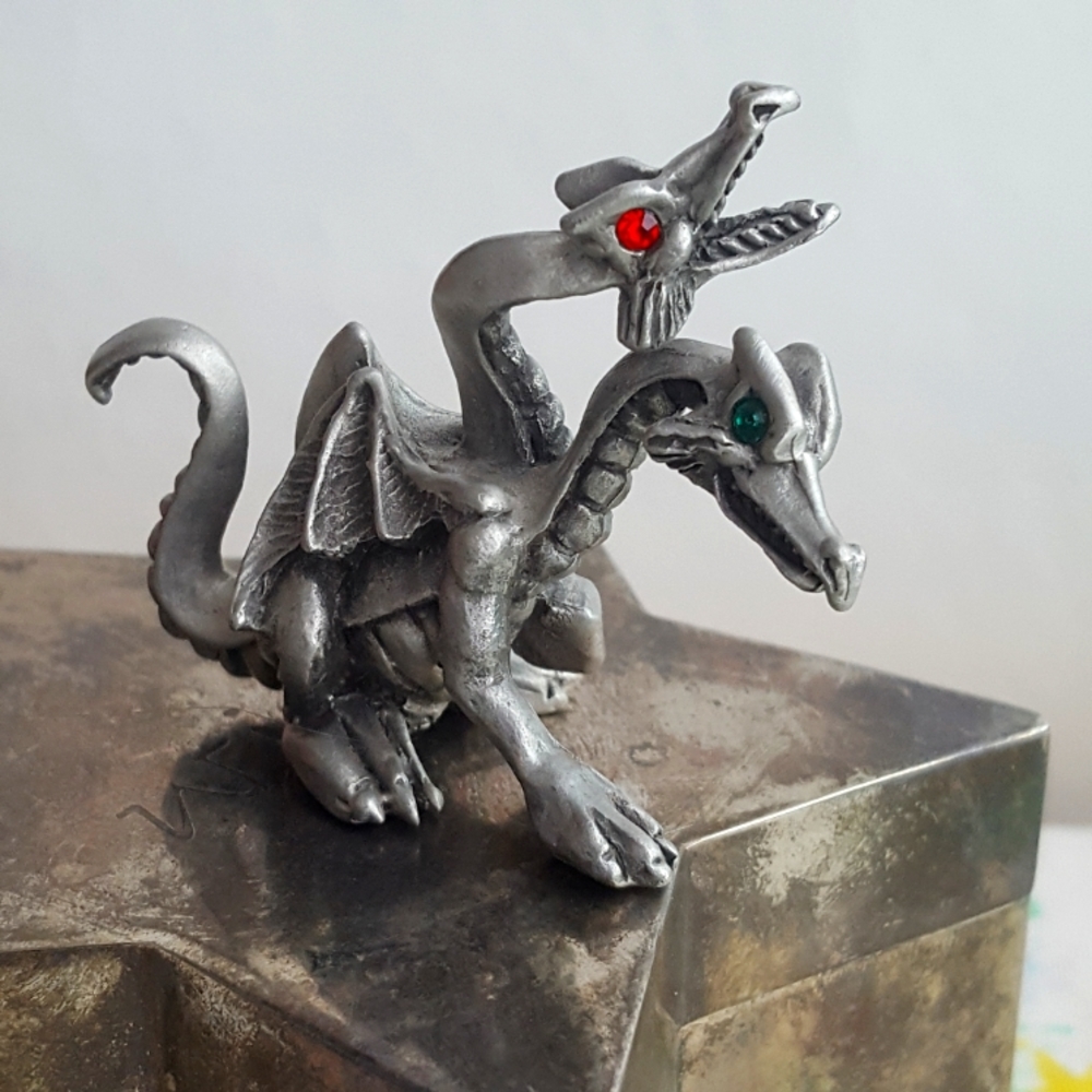 Vtg Pewter Dragon Doubled Headed Jeweled